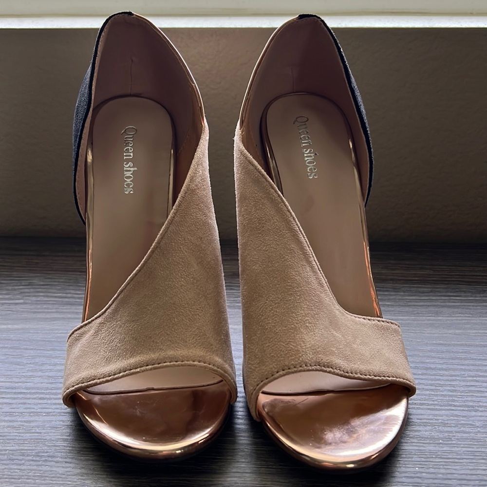 Brand new two tone stiletto beige and black suede peep toed